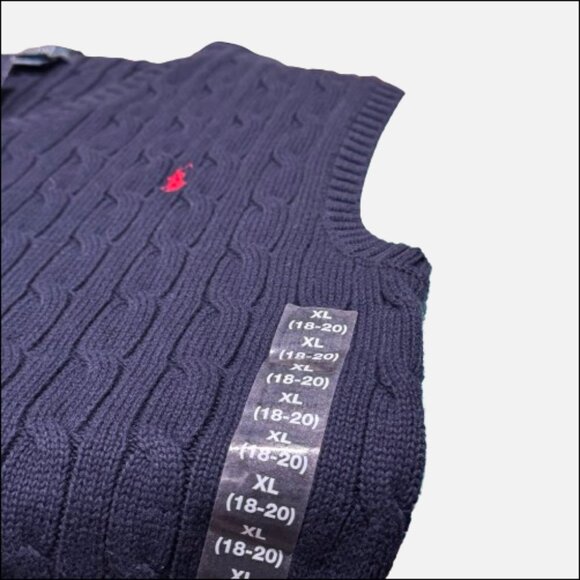 POLO by Ralph Lauren Schoolboy Blue Cable Knit Vest Sweater (Size L 18/20Y) - Picture 5 of 7